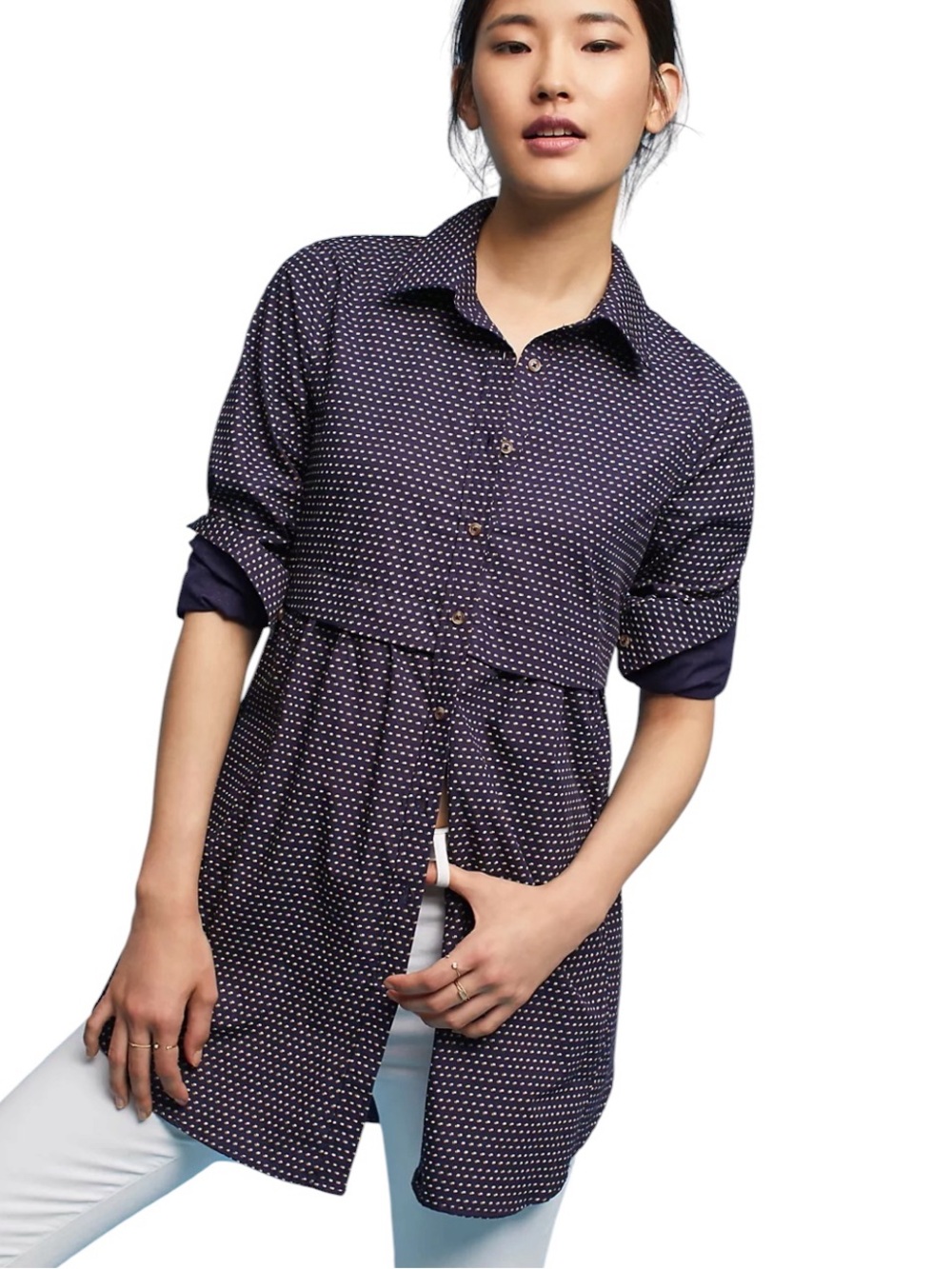 Anthropologie Maeve Aled Polka Dot Tunic navy blue size S 100% cotton